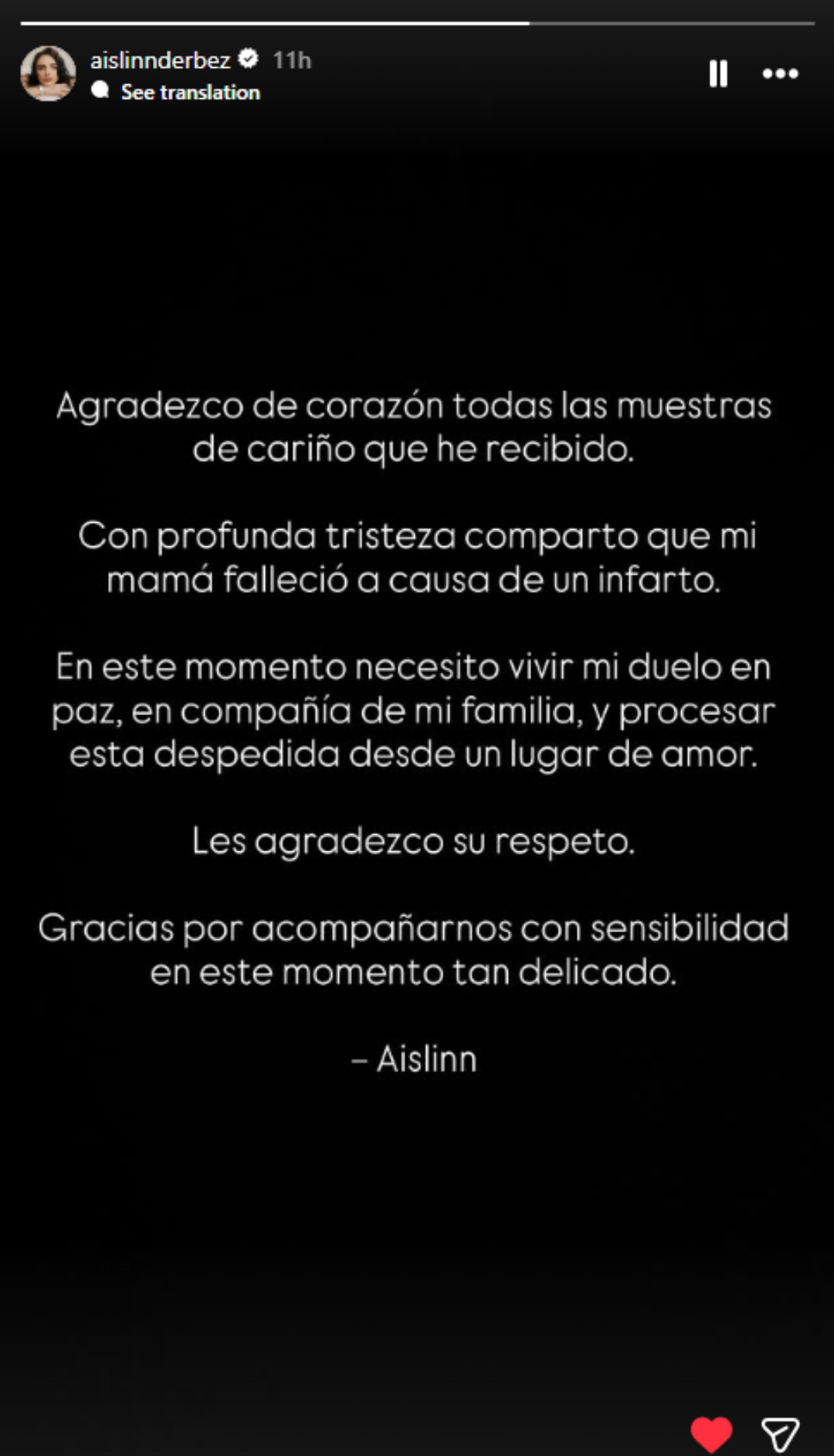 Aislinn Derbez confirmó que su madre murió a causa de un infarto y pidió respeto para vivir su duelo en familia (Crédito: @aislinnderbez)
